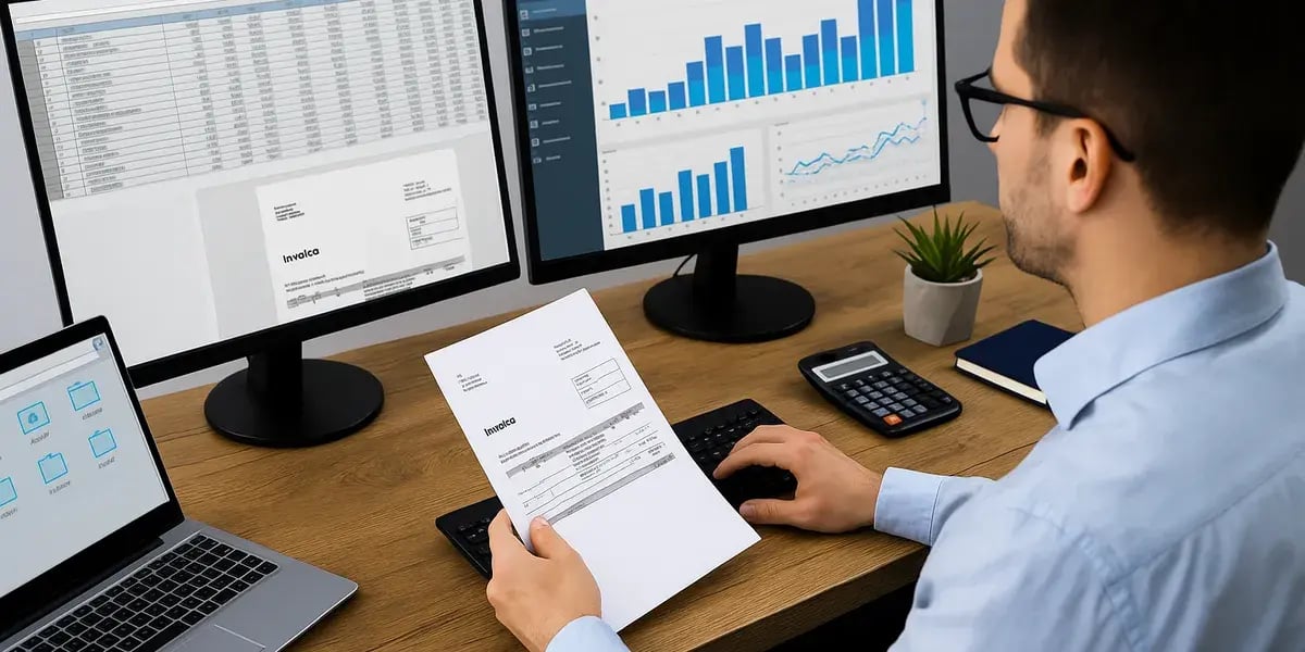 Büroangestellter prüft Rechnung auf Papier und auf mehreren Monitoren mit Finanzdaten und Diagrammen.