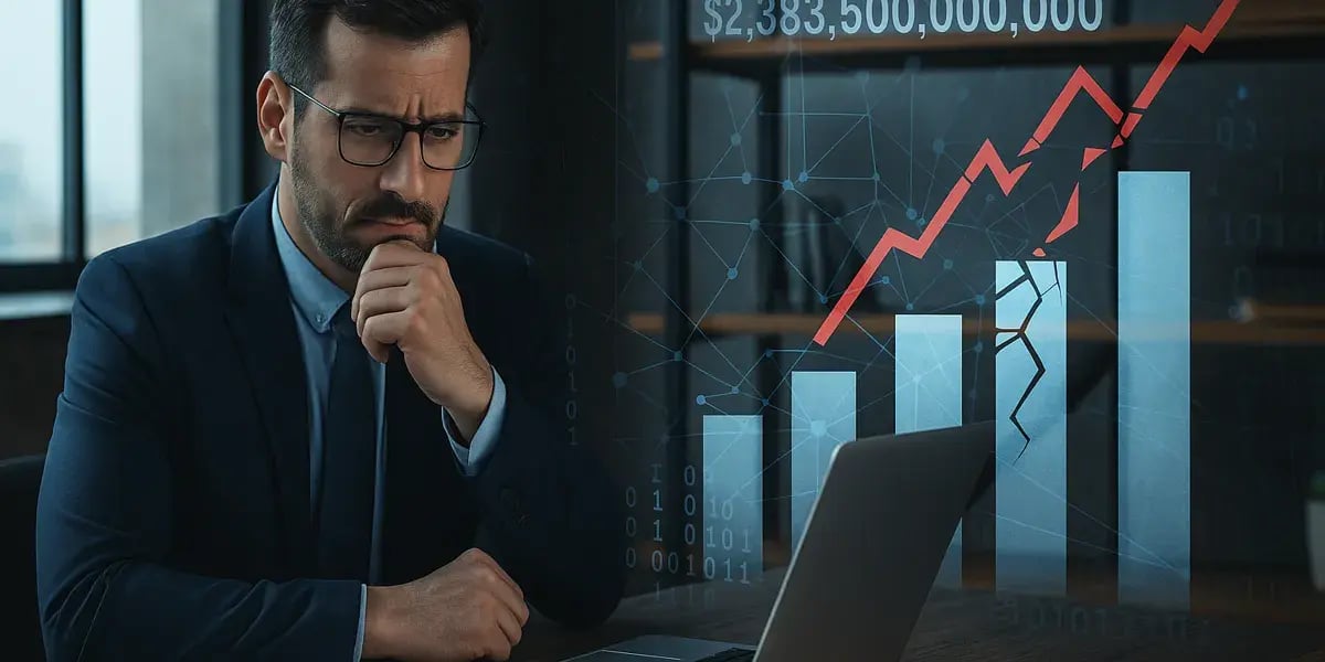 Nachdenklicher Geschäftsmann betrachtet Finanzdiagramme mit steigender roter Linie und rissigen Balken am Laptop.