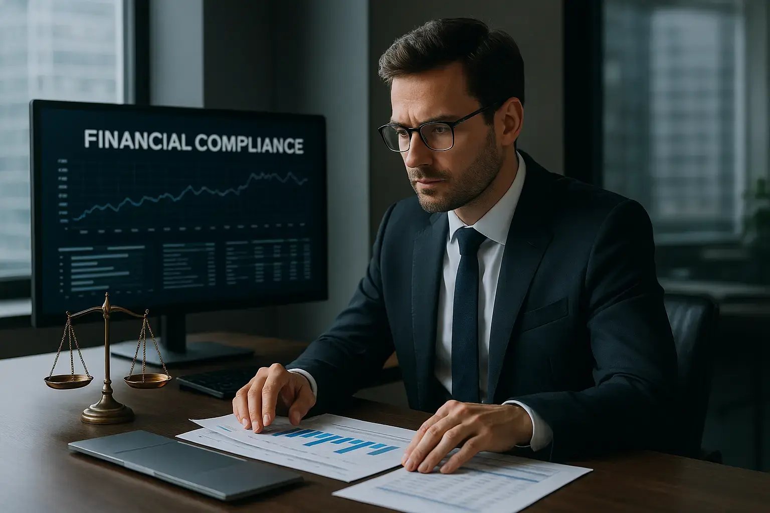 Ein ernsthafter Mann analysiert Finanzdaten zur Einhaltung von Vorschriften in einem modernen Büro.