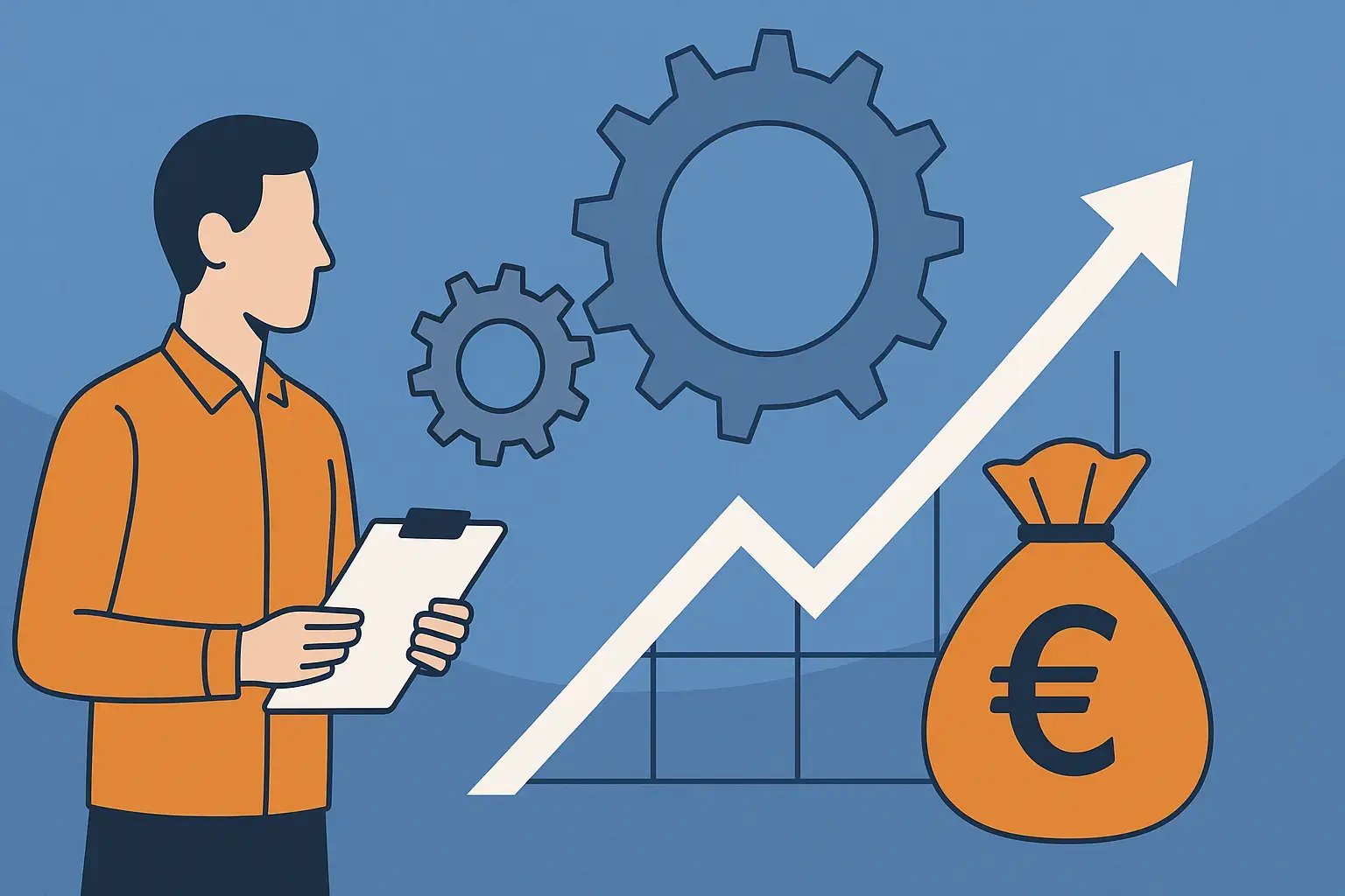 Illustration eines Mannes, der mit Diagramm und Geldsack arbeitet.