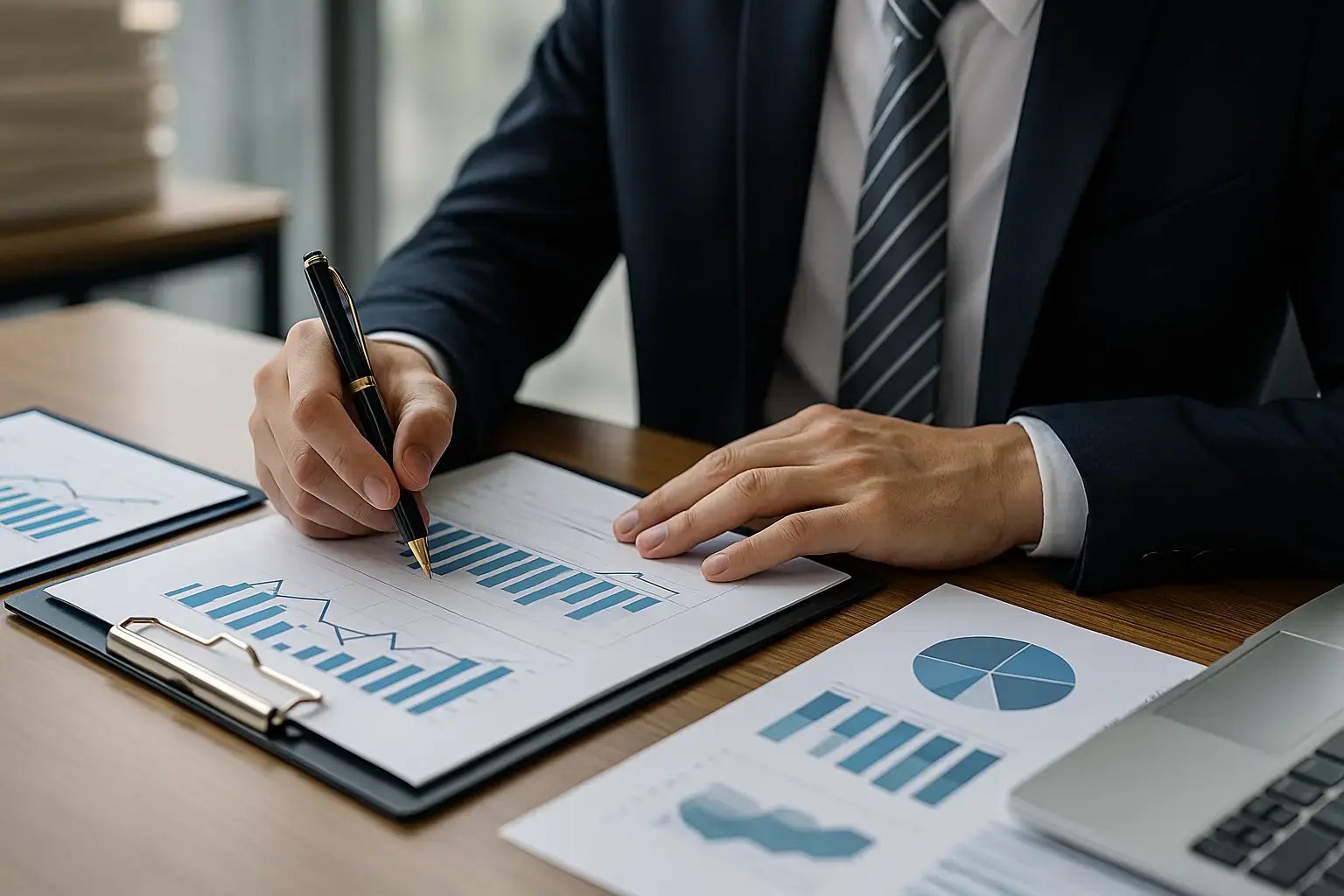 Hände eines Mannes, der in einem Meeting Finanzdaten überprüft.