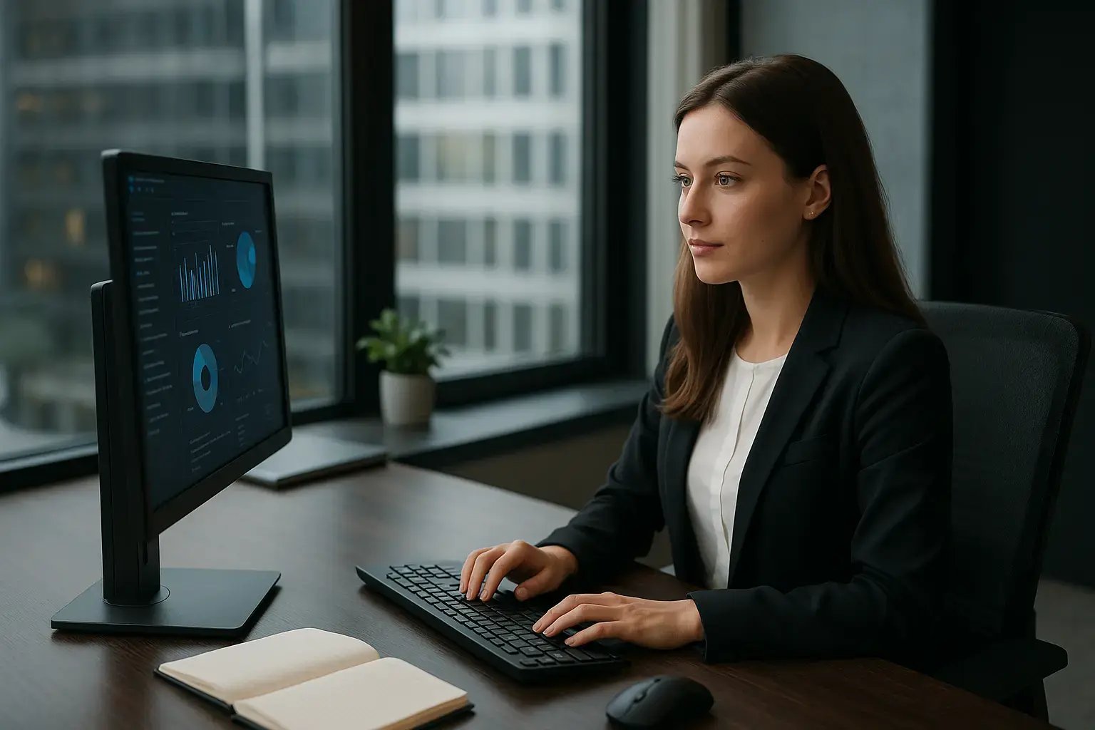 Eine berufstätige Frau arbeitet an einem Computer, analysiert Daten und Statistiken in einem modernen Büro mit Blick auf die Stadt.