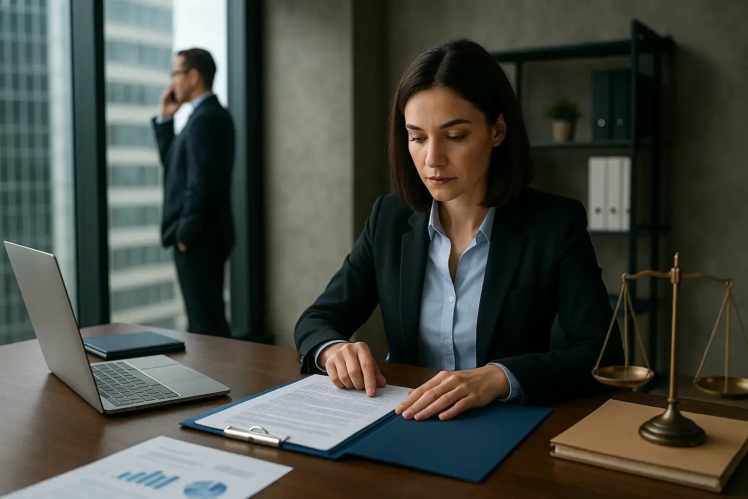 Eine Frau überprüft Dokumente am Schreibtisch, während ein Mann im Hintergrund telefoniert.
