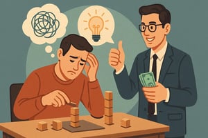 Ein frustrierter Mann arbeitet an einem Holzspiel, während ein optimistischer Berater ihm Geld anbietet.