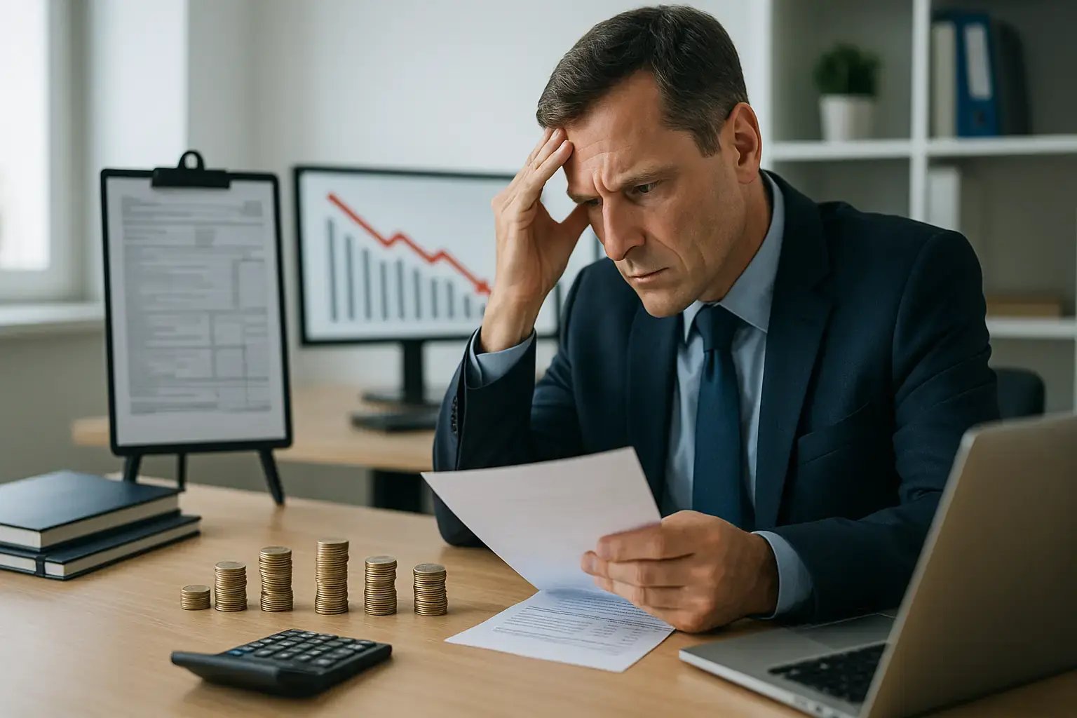 Geschäftsmann schaut besorgt auf Finanzunterlagen, während im Hintergrund ein fallendes Diagramm und gestapelte Münzen zu sehen sind.