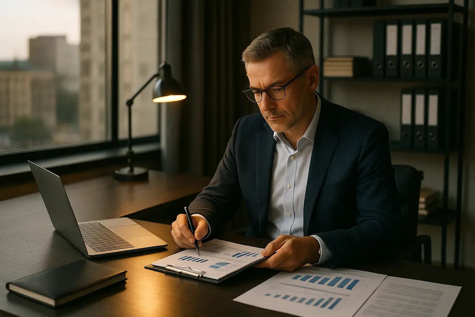 Ein Geschäftsmann analysiert Diagramme am Schreibtisch.