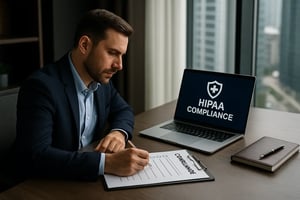 Ein Mann prüft einen HIPAA-Compliance-Checkliste am Schreibtisch mit einem Laptop und einem Stethoskop im Hintergrund.
