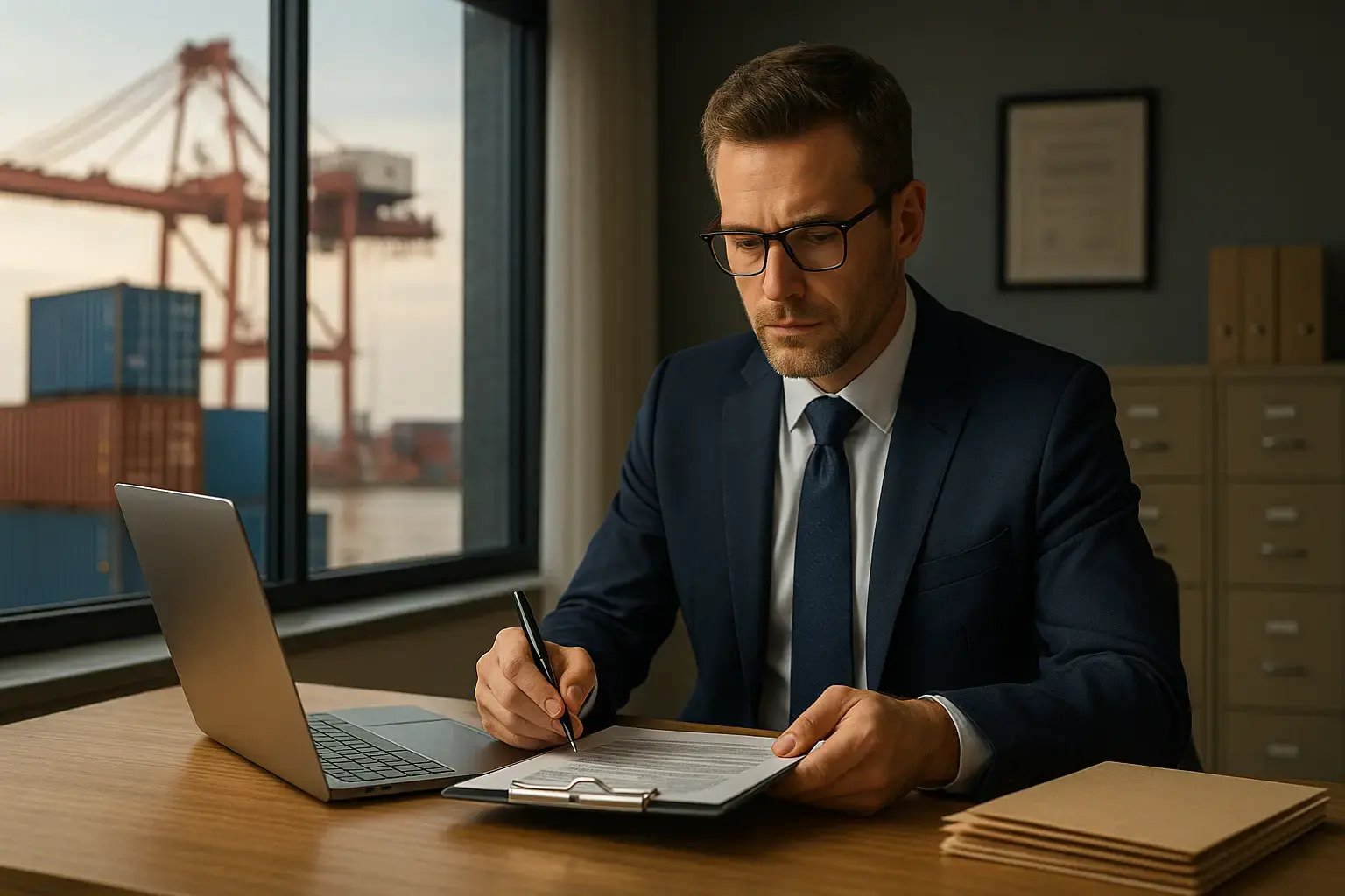 Ein Geschäftsmann sitzt an einem Tisch und prüft Dokumente, während im Hintergrund Frachtschiffe und Container sichtbar sind.