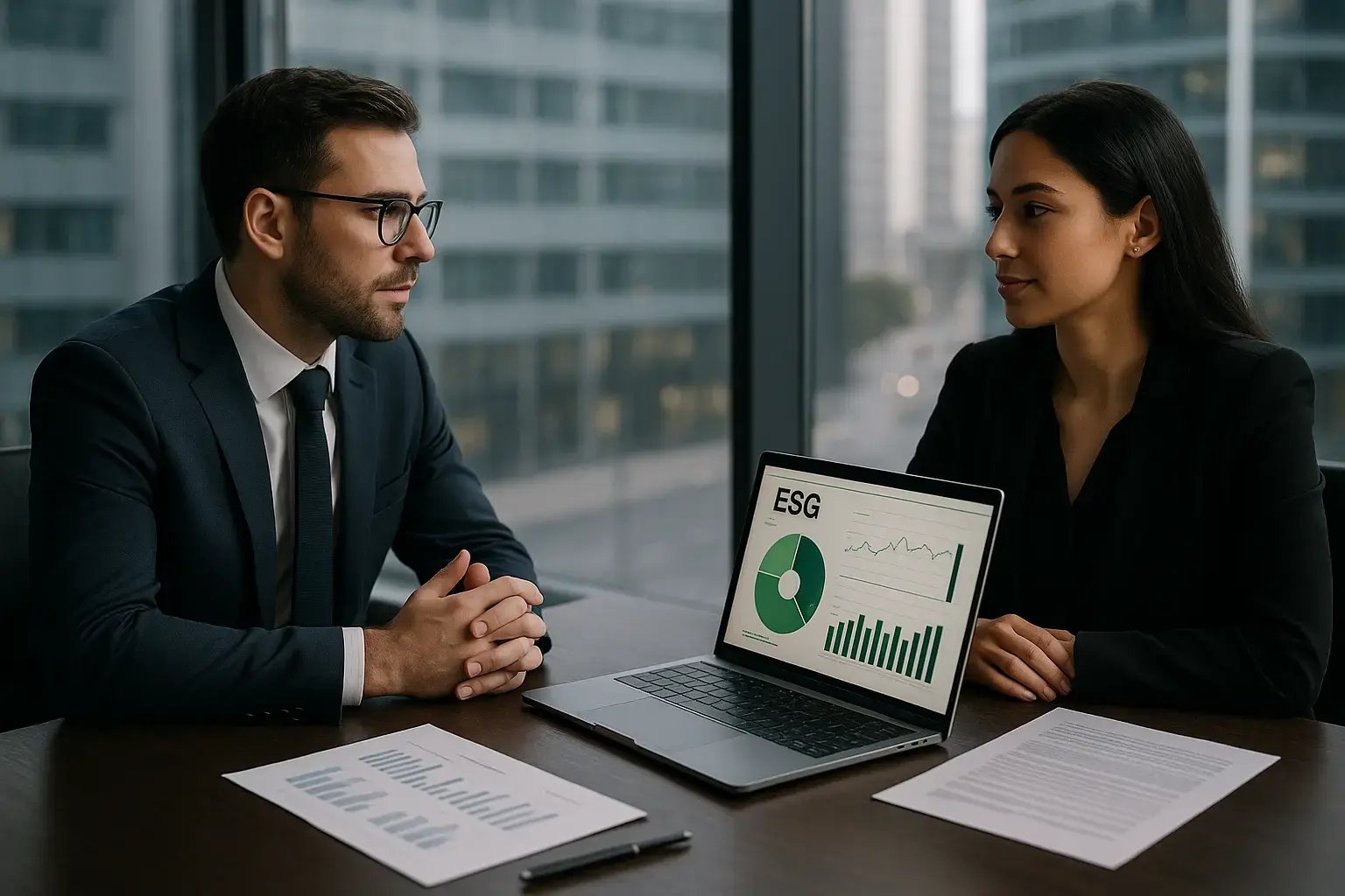 Zwei Geschäftsleute diskutieren ESG-Ziele während eines Meetings.