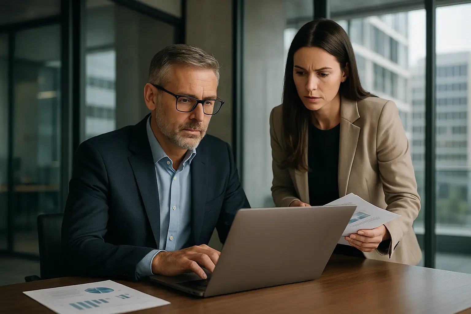 Zwei Geschäftspartner diskutieren über Daten auf einem Laptop.