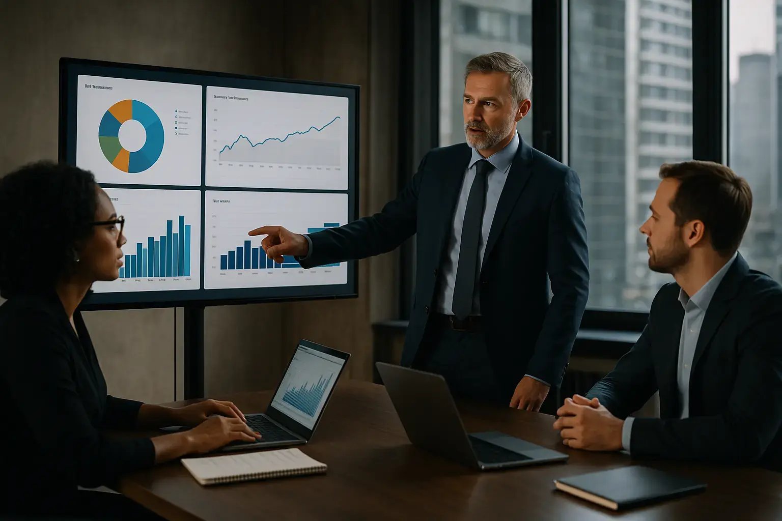 Bei einer Geschäftspräsentation erklären Führungskräfte wichtige Daten und Statistiken auf einem Laptop und einem Bildschirm.