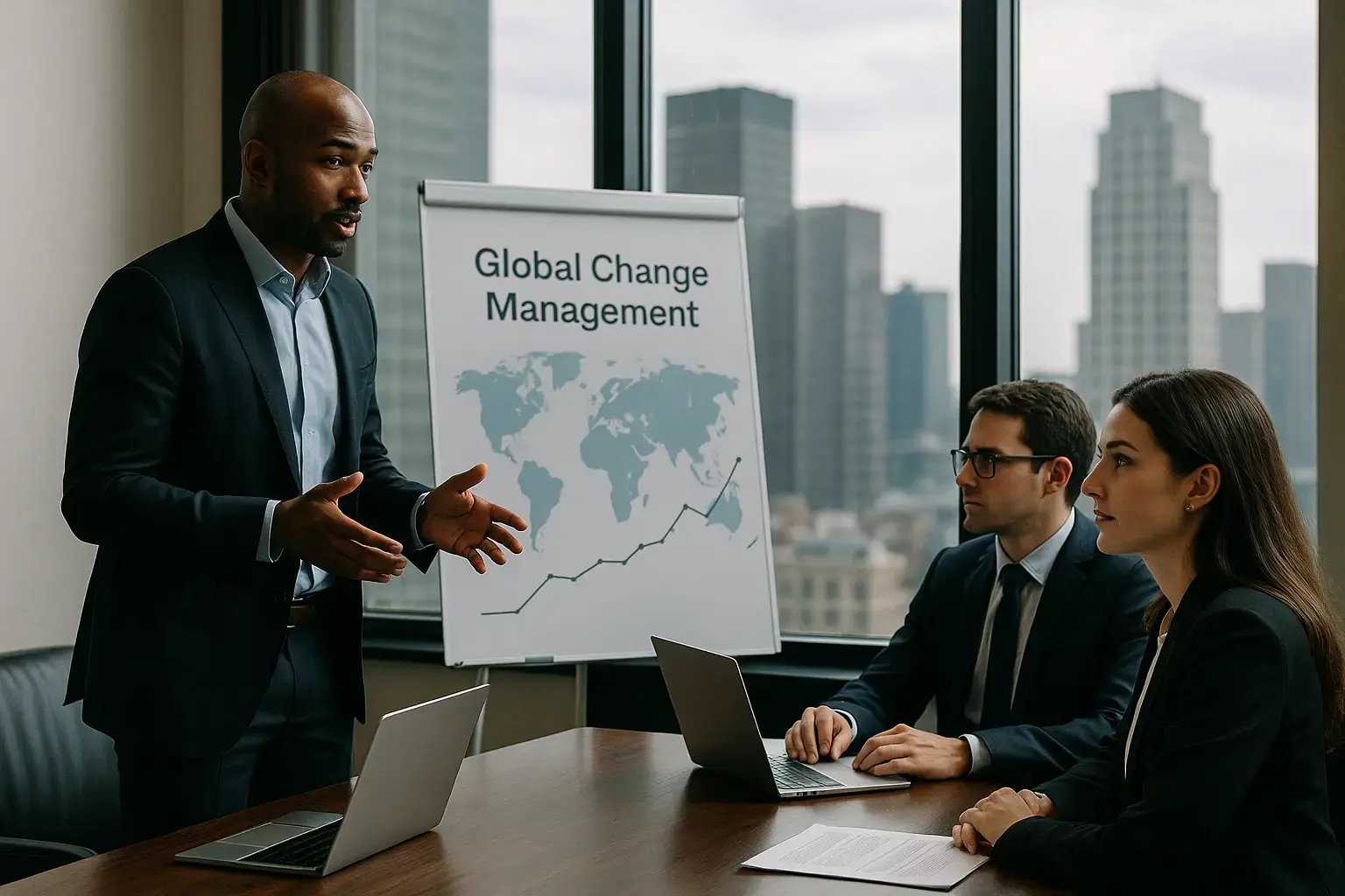 Ein Mitarbeiter erklärt das Konzept des Global Change Management in einer modernen Büroumgebung.