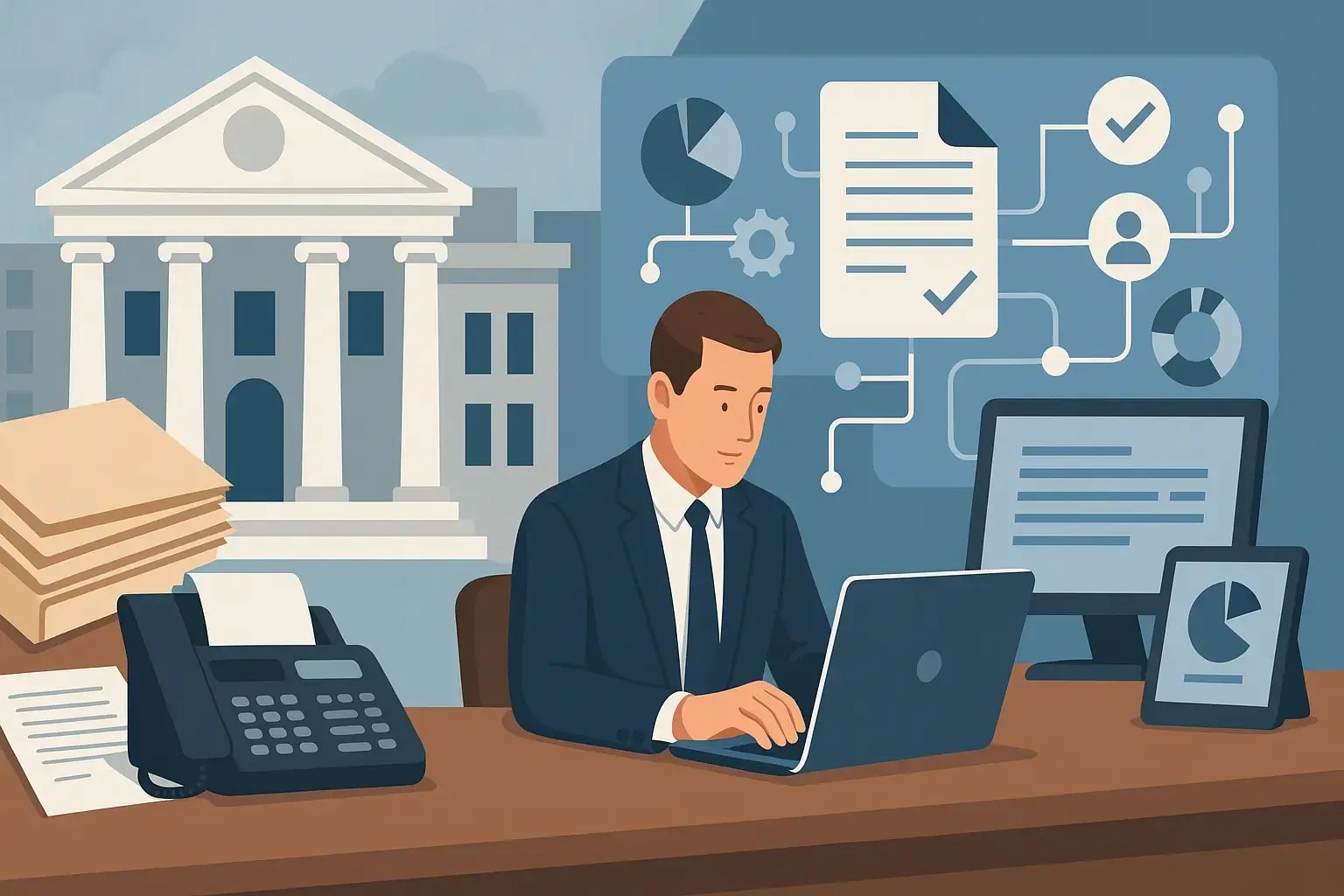 Illustration eines Mitarbeiters im Behördenumfeld am Laptop, umgeben von Papierstapel, Faxgerät und digitalen Compliance-Symbolen.