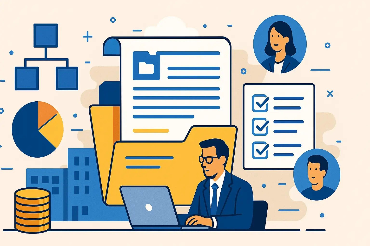 Grafische Darstellung von Arbeitsabläufen und Dokumenten am Computer.