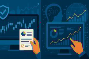 Grafische Darstellung von finanziellen Statistiken und Compliance-Berichten auf einem Computerbildschirm.