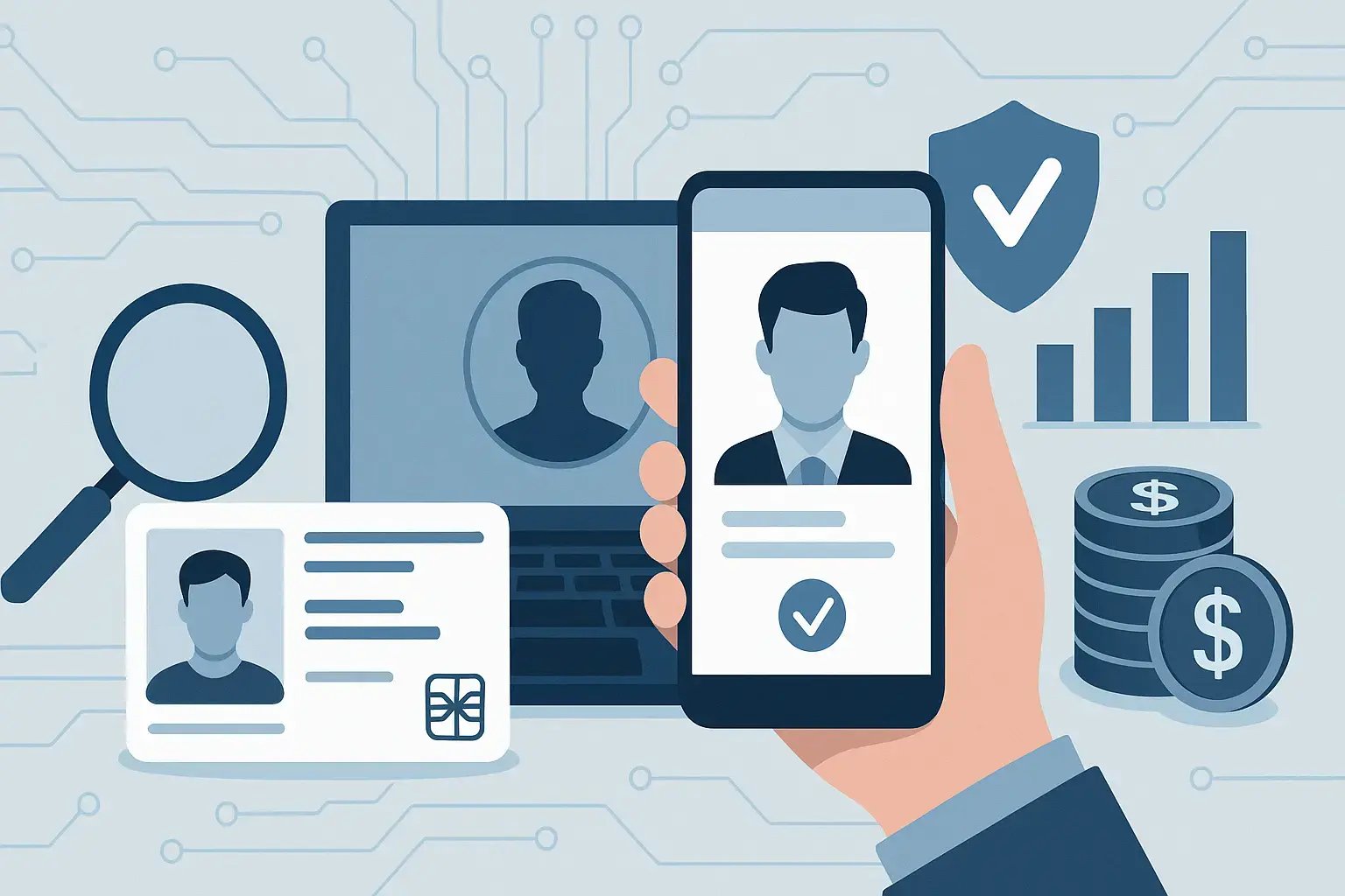 Grafische Darstellung einer Identitätsprüfung mit verschiedenen Elementen wie einem Smartphone, Laptop und ID-Karte.