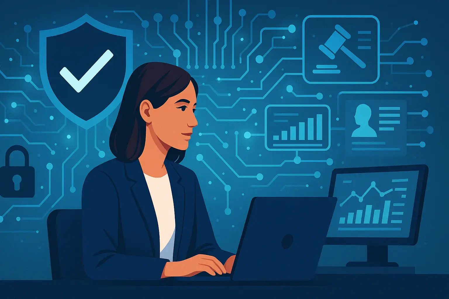 Eine Grafikdesignerin arbeitet an einem Laptop, um digitale Sicherheitslösungen in einer technologischen Umgebung zu erstellen.