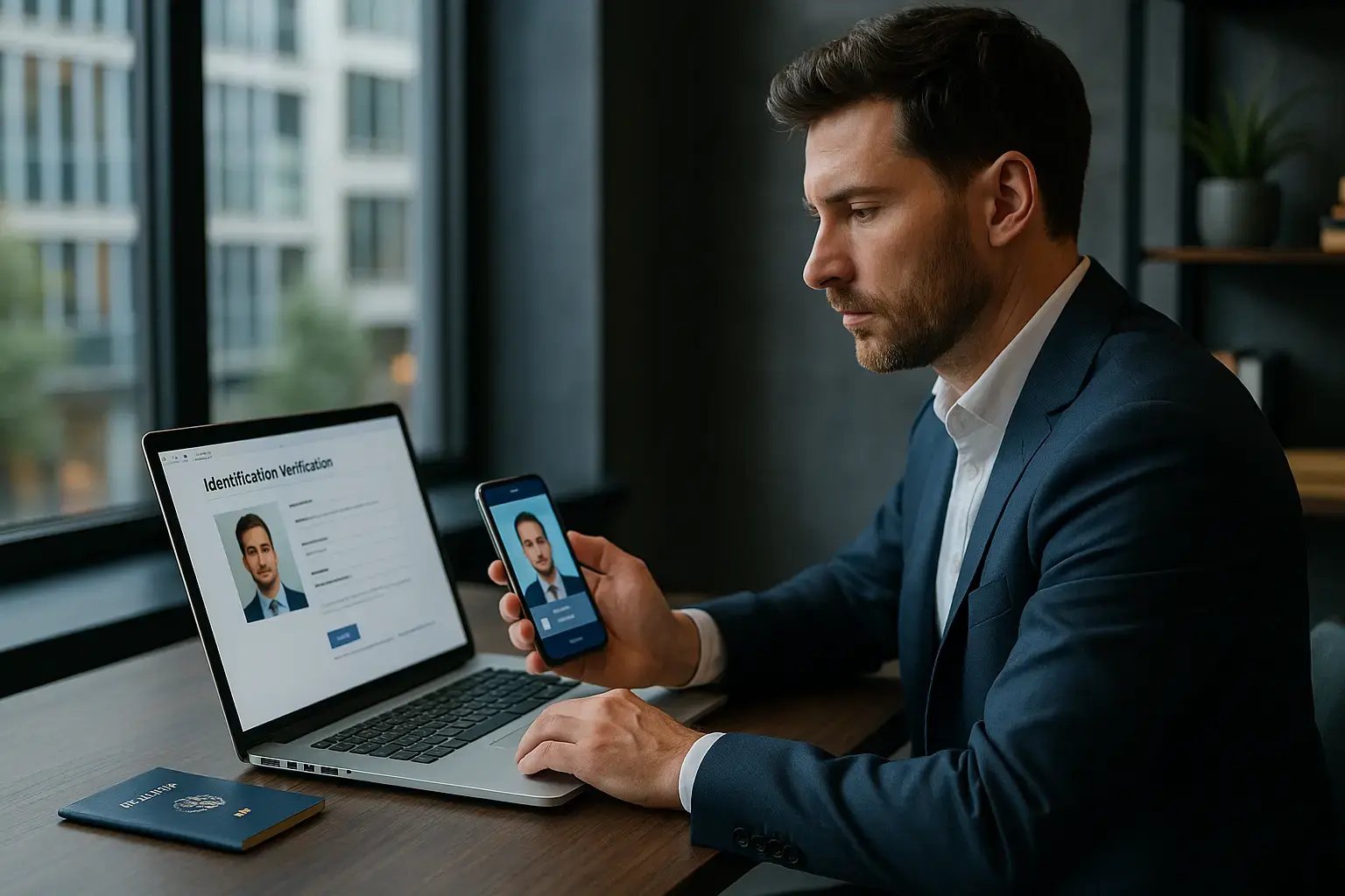 Ein Mann führt eine Identitätsprüfung auf einem Laptop durch und nutzt dabei sein Smartphone.