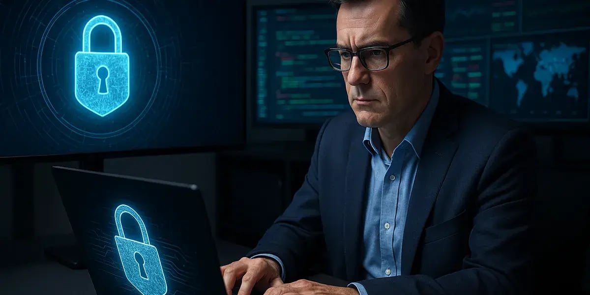 IT-Sicherheitsexperte arbeitet konzentriert an einem Laptop mit digitalem Vorhängeschloss-Symbol auf dem Bildschirm, umgeben von Monitoren mit Sicherheitsdaten.