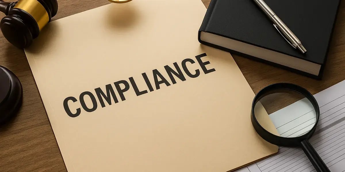Compliance-Dokument auf Schreibtisch mit Lupe, Richterhammer und Notizbuch als Zeichen für Kontrolle und rechtliche Überprüfung.