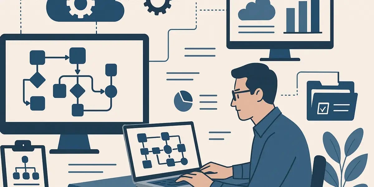 Abstraktes Konzeptbild eines Mitarbeiters, der am Laptop arbeitet, umgeben von Bildschirmen mit Prozessdiagrammen, Cloud-Symbolen und Datenvisualisierungen.