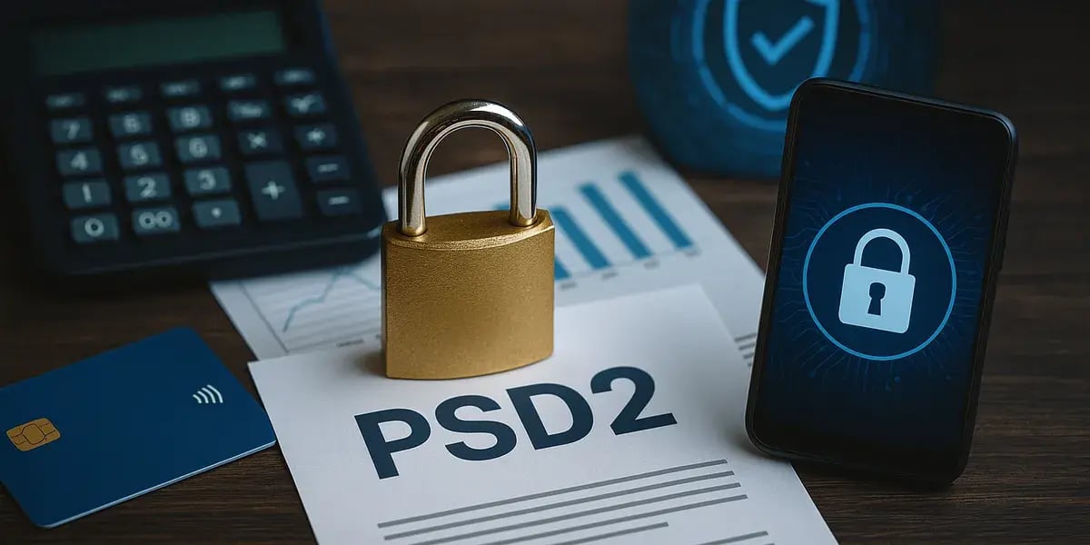 Symbolische Darstellung von PSD2-Richtlinie mit Vorhängeschloss, Smartphone, Kreditkarte und Finanzdokumenten für sichere digitale Zahlungen.