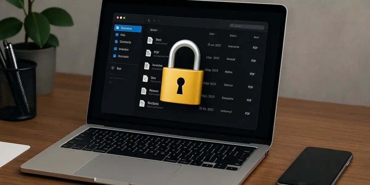 Laptop mit geöffnetem Dateimanager und gelbem Vorhängeschloss-Symbol – Darstellung für Zugriffsschutz und Dateisicherheit.