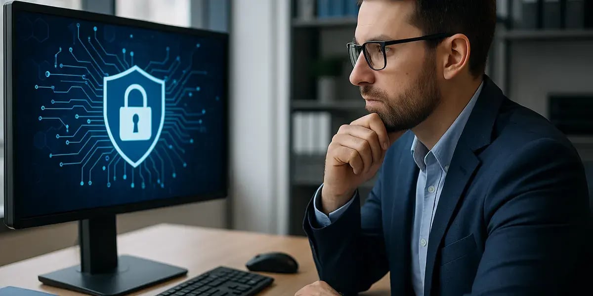 IT-Analyst in moderner Büroumgebung betrachtet aufmerksam einen Monitor mit digitalem Sicherheitssymbol in Form eines Vorhängeschlosses.