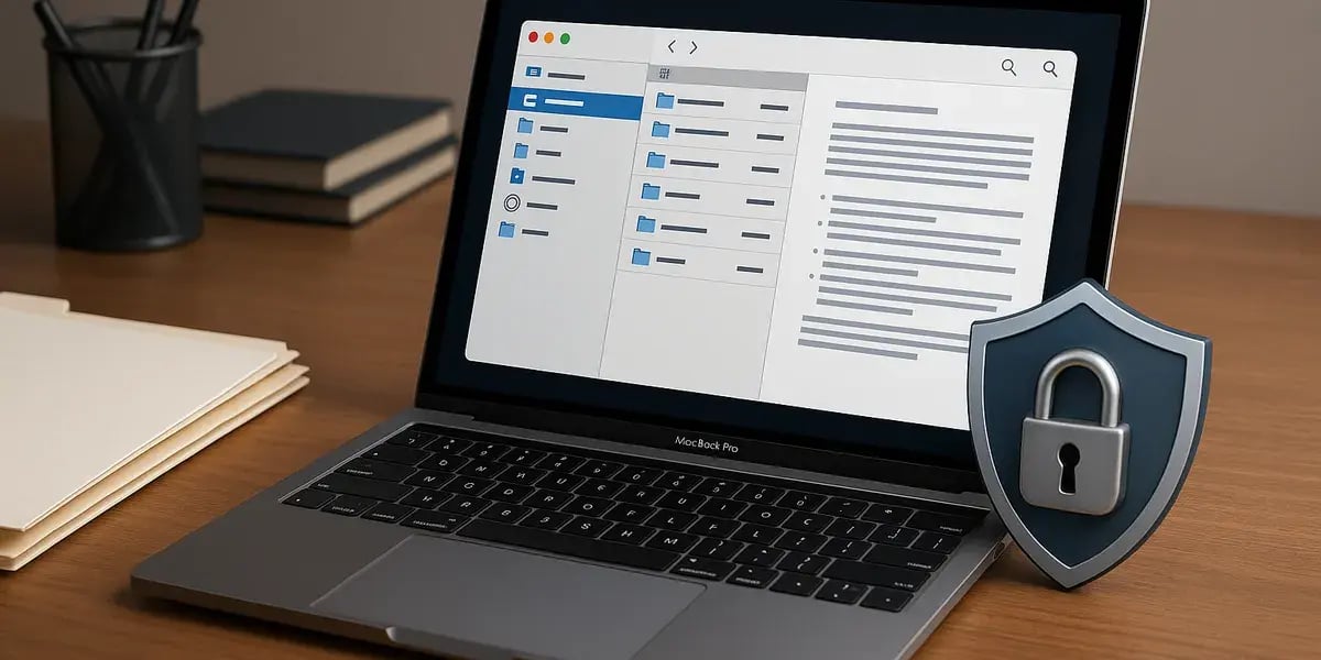 Schutz sensibler Daten auf einem Laptop, symbolisiert durch ein Schild mit Vorhängeschloss vor geöffneter Ordneransicht.