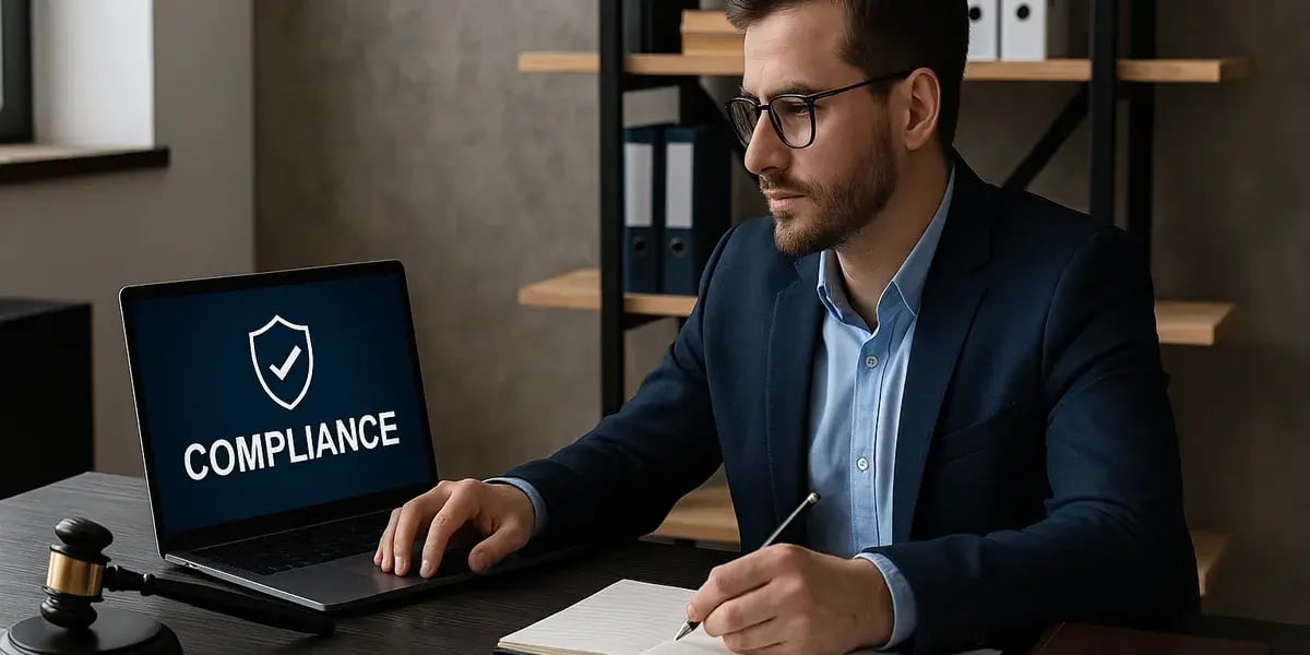 Compliance-Manager sitzt an einem Schreibtisch mit Laptop, Notizbuch und Richterhammer und betrachtet konzentriert den Bildschirm mit dem Wort "COMPLIANCE".