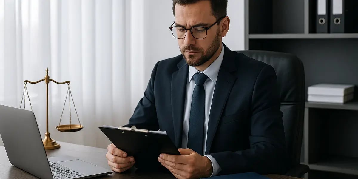 Geschäftsmann prüft ein Dokument im Büro mit Waage, Compliance-Buch und Laptop – symbolisch für rechtliche Konformität und Unternehmensethik.