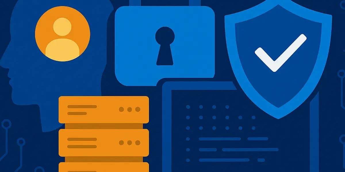 Abstrakte Illustration zu Cybersecurity mit Symbolen für Datenschutz, Benutzerprofil, Server, Laptop und Sicherheitsschild auf blauem Hintergrund.