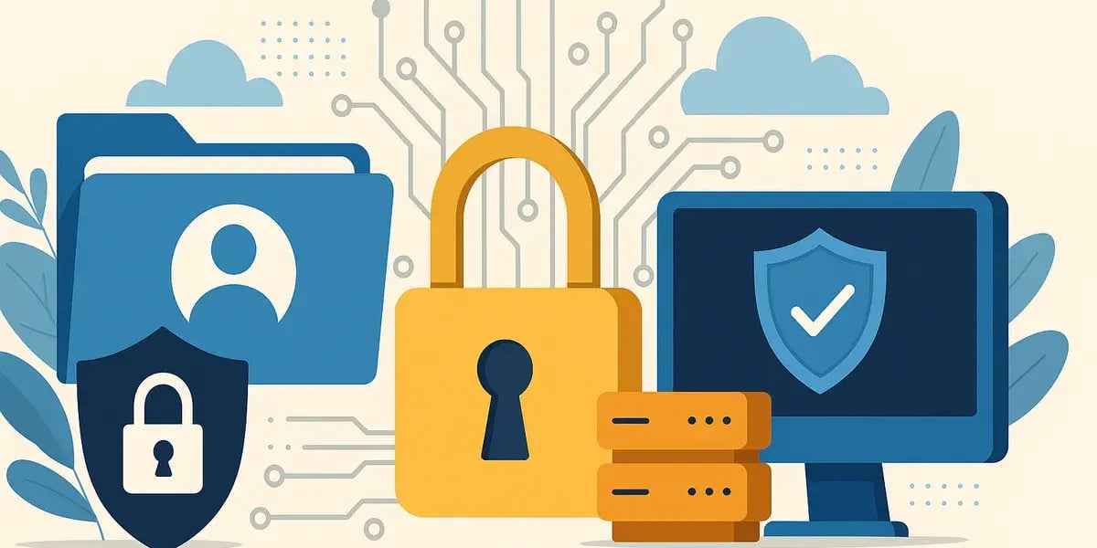 Grafische Darstellung von IT-Sicherheit mit Schloss, Ordnern, Monitor, Shield-Symbol und Datenleitungen auf hellem Hintergrund.