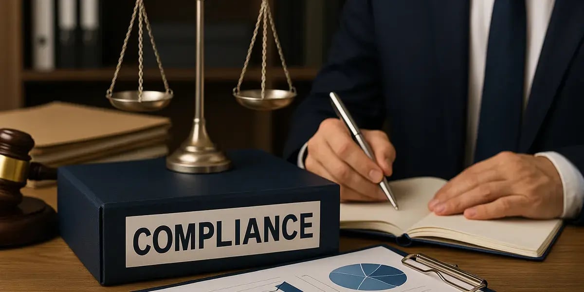Symbolbild zur Einhaltung von Compliance-Richtlinien mit Justitia-Waage, Aktenordner, Notizbuch und Finanzdiagrammen.