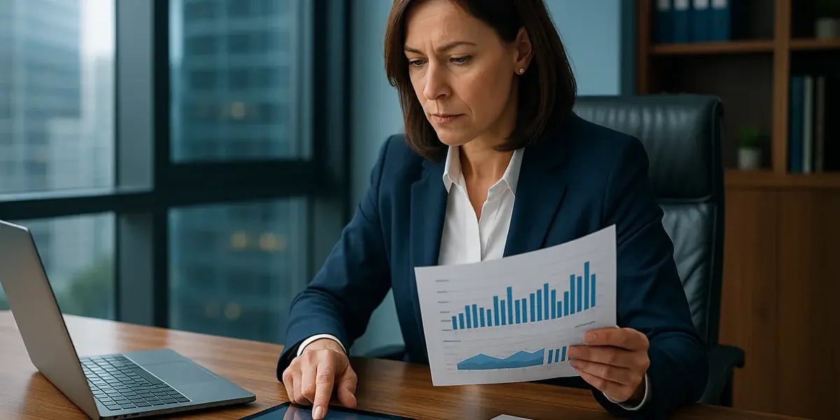Geschäftsfrau analysiert Finanzdiagramme mit Tablet und Papierberichten im Büro.