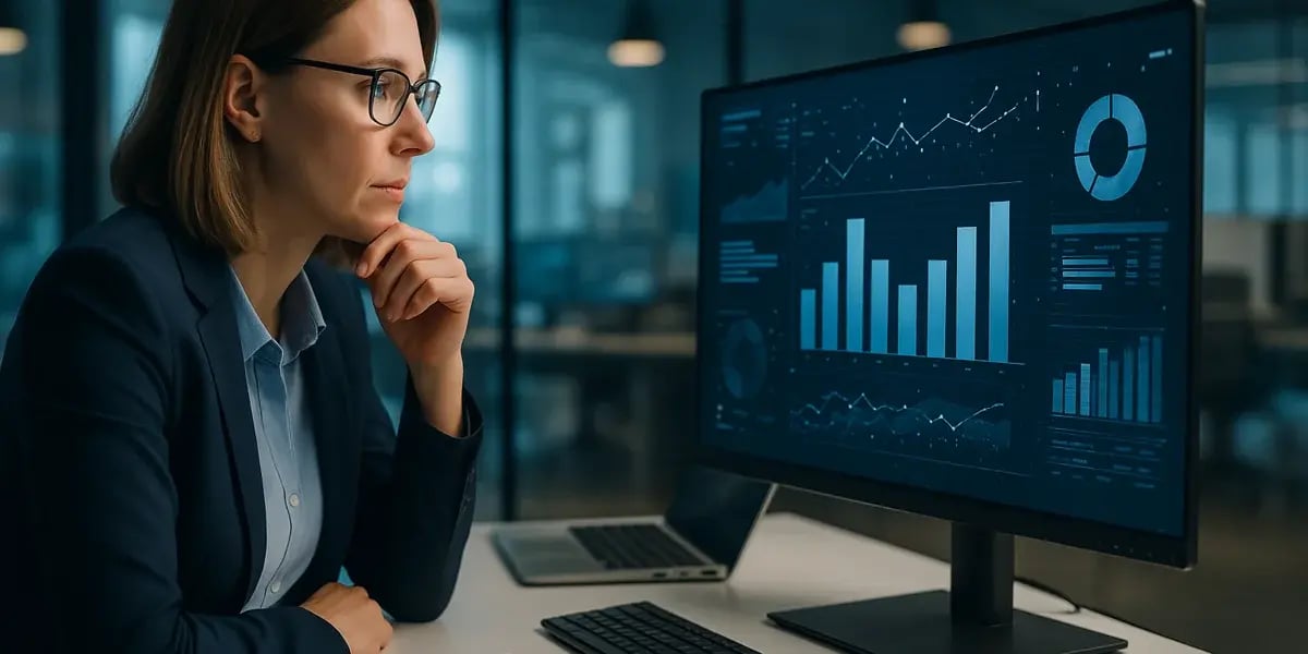Frau betrachtet große Datenvisualisierungen auf einem Monitor mit Diagrammen und Statistiken.