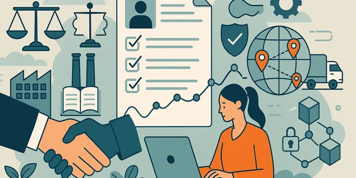 Illustration zu Compliance mit Symbolen für Recht, Industrie, Lieferketten und Datensicherheit.