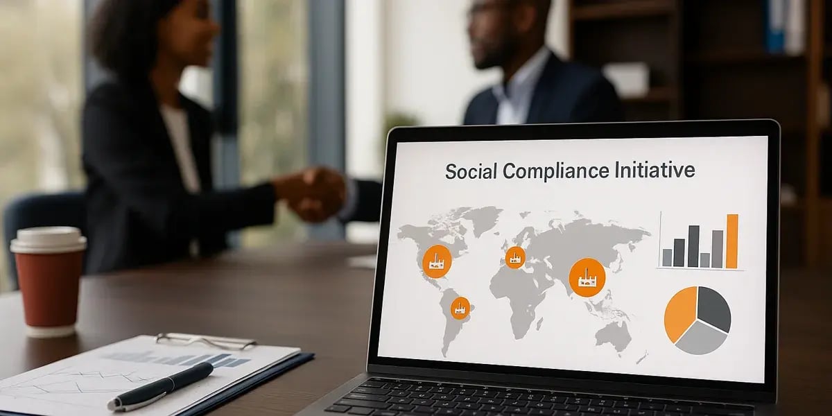 Laptop mit Präsentation zur Social Compliance Initiative, im Hintergrund zwei Personen beim Handschlag.