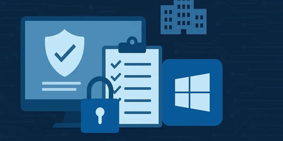 Grafische Darstellung von Windows-Sicherheit mit Checkliste, Schloss und Schutzschild.