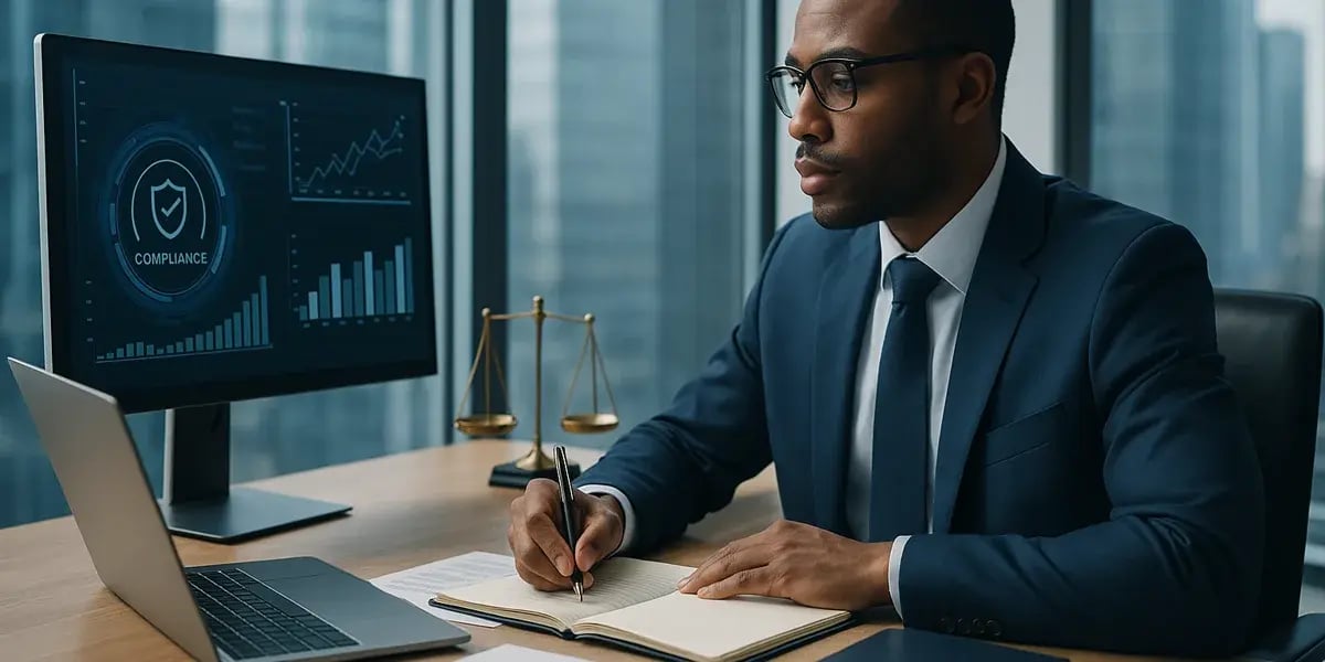 Geschäftsmann im Anzug arbeitet am Schreibtisch mit Compliance-Diagrammen auf dem Monitor.