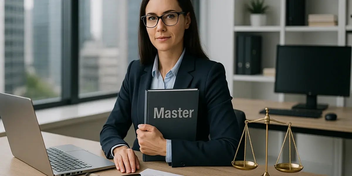 Geschäftsfrau im Büro hält ein Buch mit Aufschrift ‚Master‘, neben ihr Waage und Laptop.
