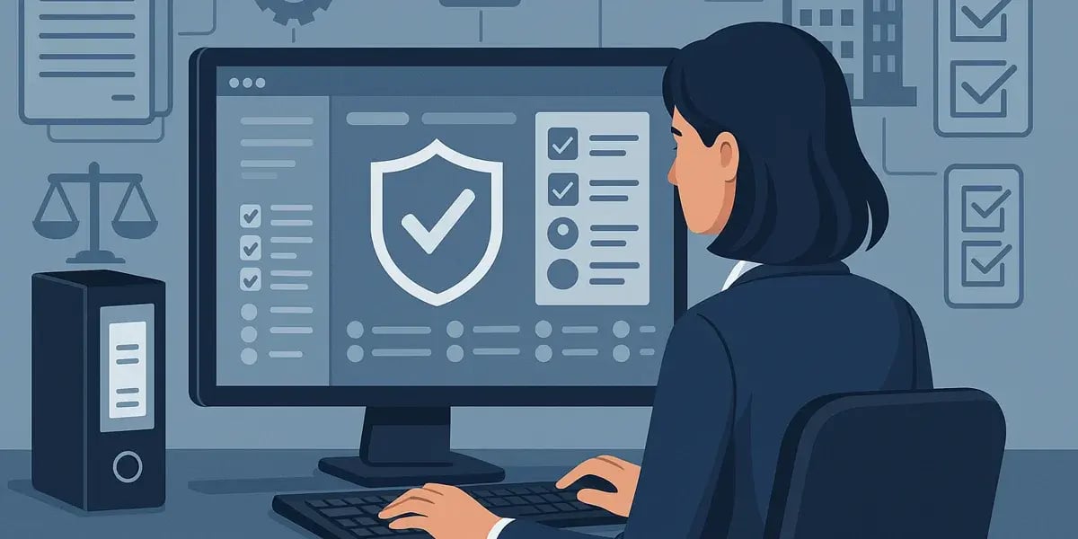 Illustration einer Geschäftsfrau am Computer mit Compliance-Symbolen und Checklisten.