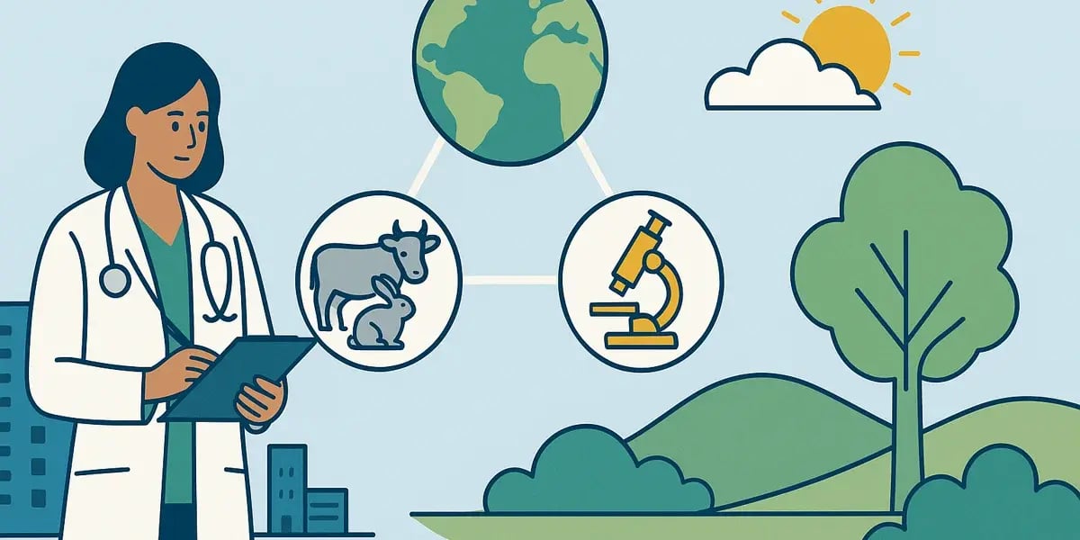 Ärztin mit Klemmbrett betrachtet Symbole zu Tieren, Mikroskop und Umwelt im Kontext globaler Gesundheit.