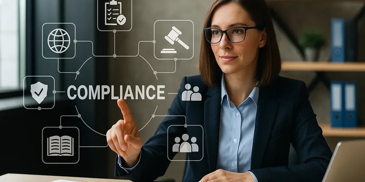 Businessfrau im Anzug tippt auf ein virtuelles Interface mit Compliance-Symbolen