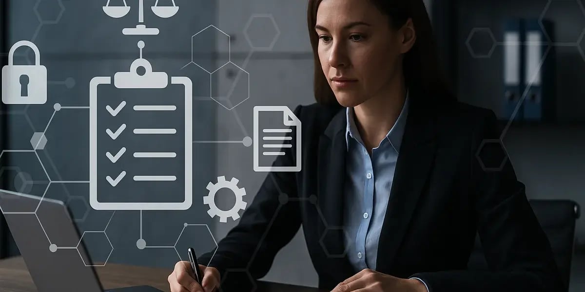 Geschäftsfrau arbeitet am Laptop mit virtuellen Symbolen zu Recht, Sicherheit und Dokumentation.