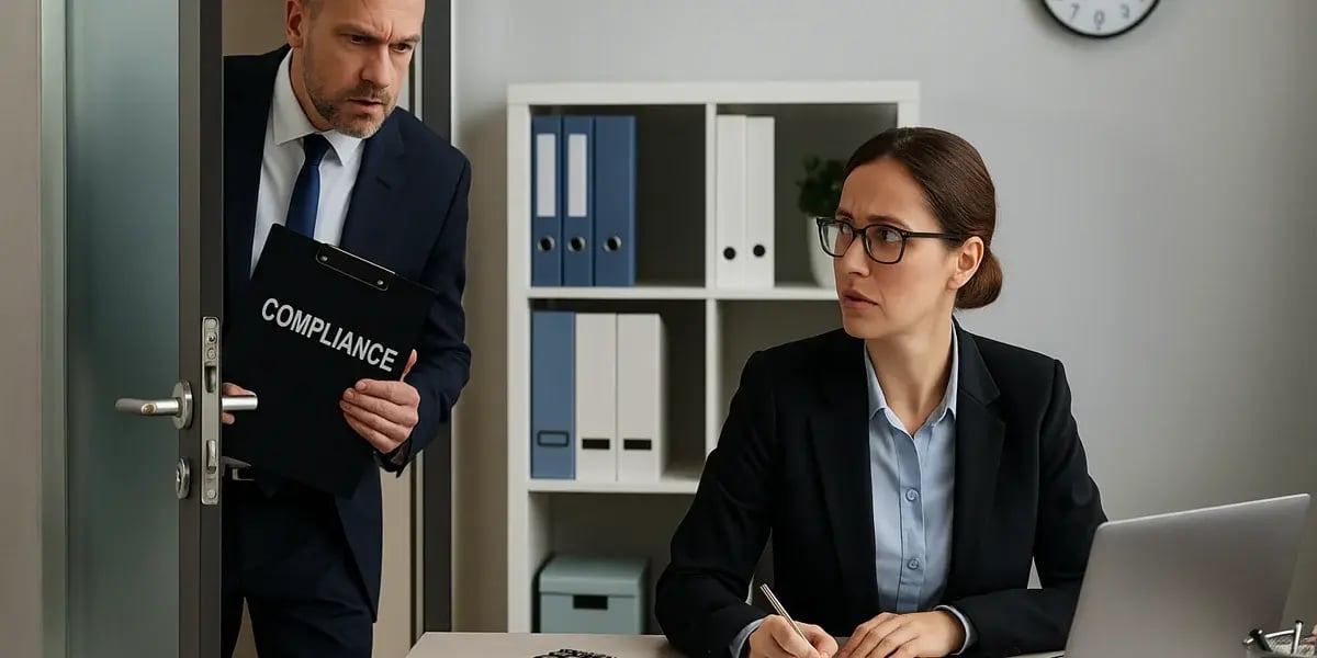 Frau im Büro schaut überrascht auf, während ein Kollege mit einem Compliance-Ordner hereinkommt.