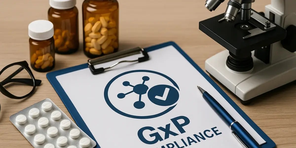 Klemmbrett mit GxP-Compliance-Dokument neben Pillenflaschen, Tabletten und Mikroskop.