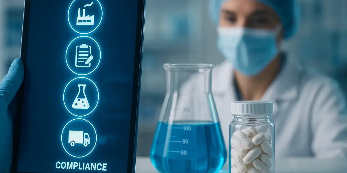Laborumgebung mit Compliance-Symbolen auf Tablet, Pillenflasche und Chemie-Glasbehältern.
