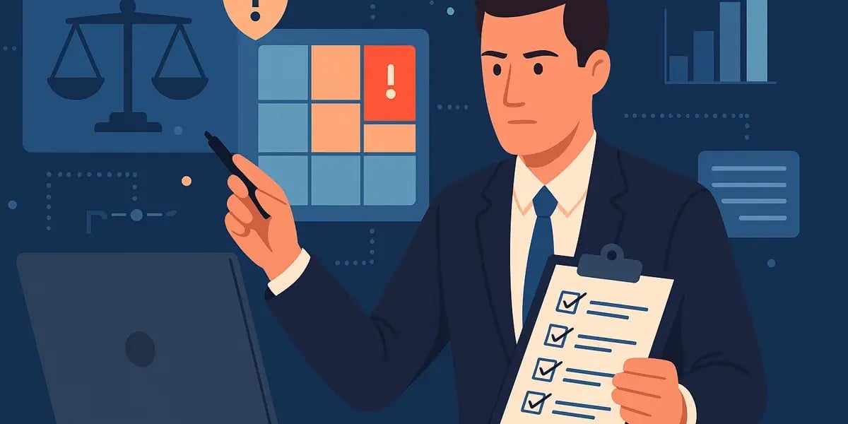 Geschäftsmann präsentiert Checkliste zu Compliance-Risiken mit Laptop und Diagrammen.