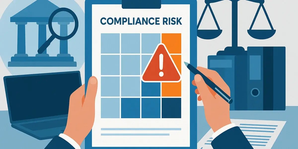Hände halten Klemmbrett mit Compliance-Risikomatrix und Warnsymbol.
